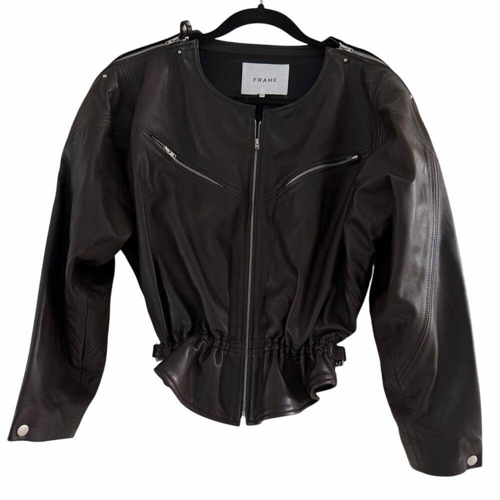 FRAME Crop Lamb Leather Peplum Jacket Espresso Brown S/P Zipper Sleeves